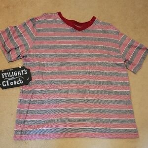 Ocean Pacific OP Stripe Red Gray White Large Shirt Short Sleeve V-Neck